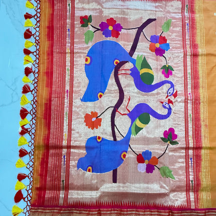 Handwoven Paithani Silk Saree | Yellow with Rani Pink Border