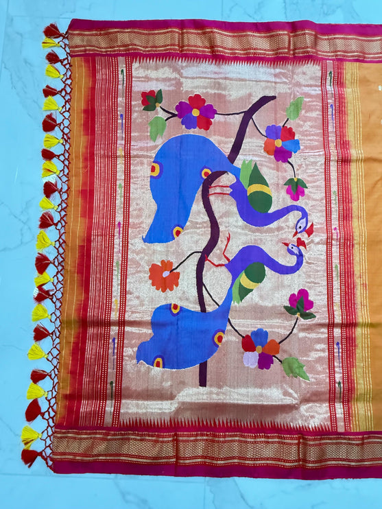 Handwoven Paithani Silk Saree | Yellow with Rani Pink Border