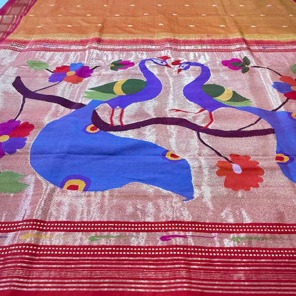 Handwoven Paithani Silk Saree | Yellow with Rani Pink Border