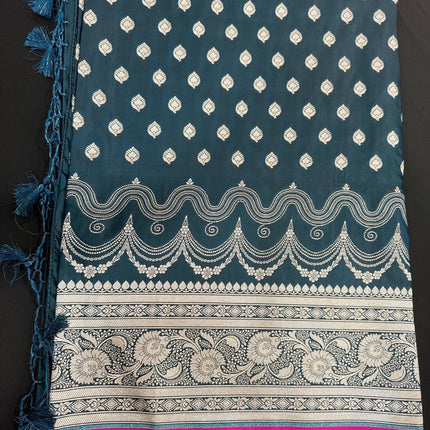 Banarasi Mashroo Silk Saree: Deep Teal with Zari Buttas