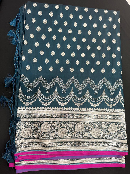 Banarasi Mashroo Silk Saree: Deep Teal with Zari Buttas