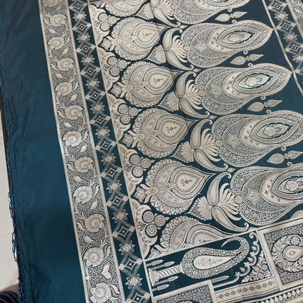 Banarasi Mashroo Silk Saree: Deep Teal with Zari Buttas