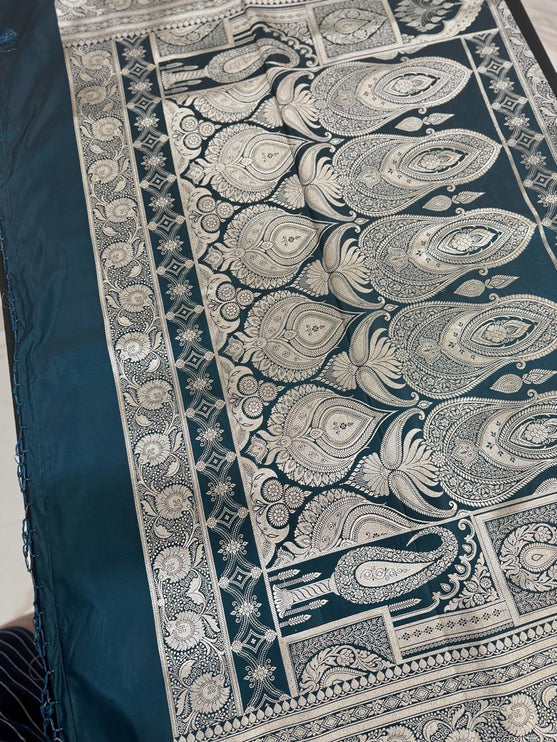 Banarasi Mashroo Silk Saree: Deep Teal with Zari Buttas