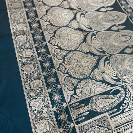 Banarasi Mashroo Silk Saree: Deep Teal with Zari Buttas