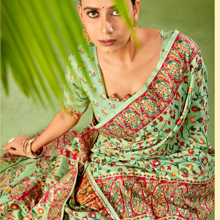 Kashmiri Kalamkari Tussar Silk Saree | Hand-Painted Floral Weave