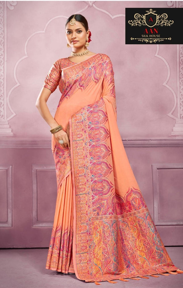 Kashmiri Kani Silk Saree - Embroidered Weave, Multicolor Wedding Sari