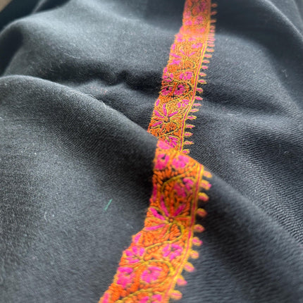 Handmade Black Pashmina Shawl with Embroidered Border