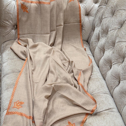 Hand Embroidered Wool Scarf, Beige Pashmina Shawl with Orange Paisley