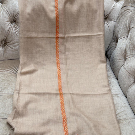 Hand Embroidered Wool Scarf, Beige Pashmina Shawl with Orange Paisley