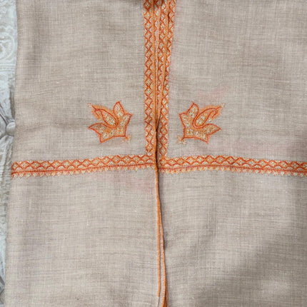 Hand Embroidered Wool Scarf, Beige Pashmina Shawl with Orange Paisley