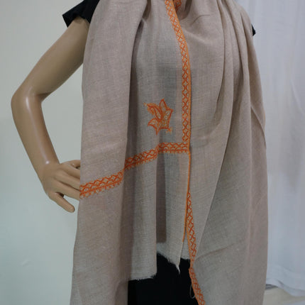 Hand Embroidered Wool Scarf, Beige Pashmina Shawl with Orange Paisley