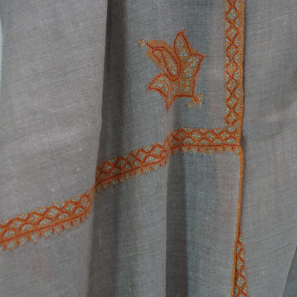 Hand Embroidered Wool Scarf, Beige Pashmina Shawl with Orange Paisley