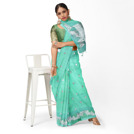 Banarasi Kora Organza Silk Saree - Pista Green, Scalloped Zari Border, Handloom