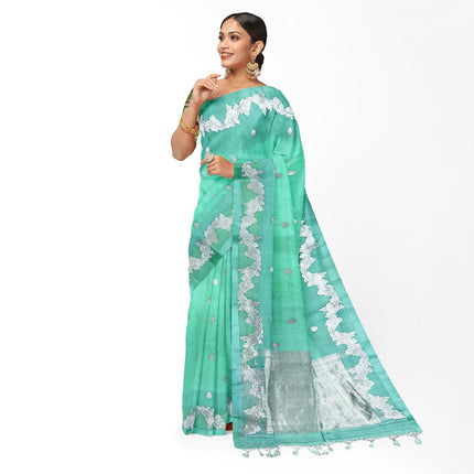 Banarasi Kora Organza Silk Saree - Pista Green, Scalloped Zari Border, Handloom