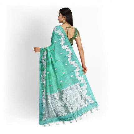 Banarasi Kora Organza Silk Saree - Pista Green, Scalloped Zari Border, Handloom