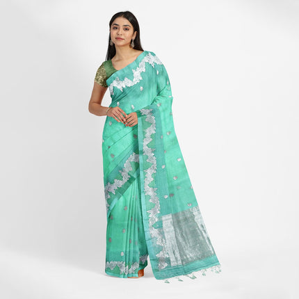 Banarasi Kora Organza Silk Saree - Pista Green, Scalloped Zari Border, Handloom