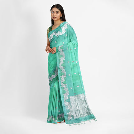 Banarasi Kora Organza Silk Saree - Pista Green, Scalloped Zari Border, Handloom