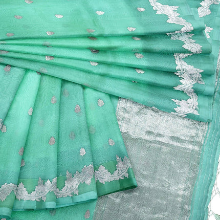 Banarasi Kora Organza Silk Saree - Pista Green, Scalloped Zari Border, Handloom