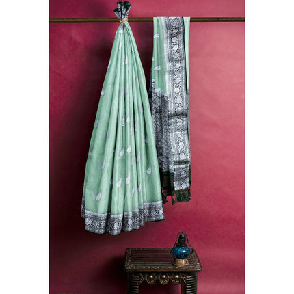 Banarasi Kora Organza Saree, Light Mint Green, Silver Zari Border