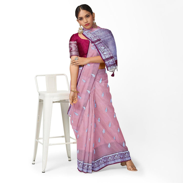 Handloom Banarasi Organza Silk Saree: Peach, Magenta Zari Border