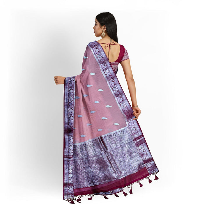 Handloom Banarasi Organza Silk Saree: Peach, Magenta Zari Border