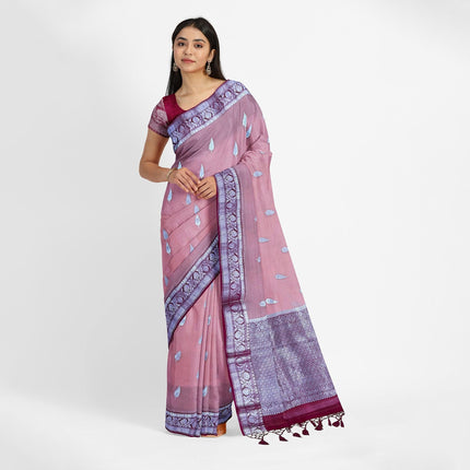 Handloom Banarasi Organza Silk Saree: Peach, Magenta Zari Border