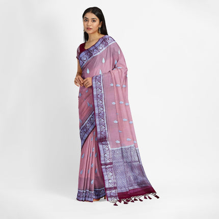 Handloom Banarasi Organza Silk Saree: Peach, Magenta Zari Border