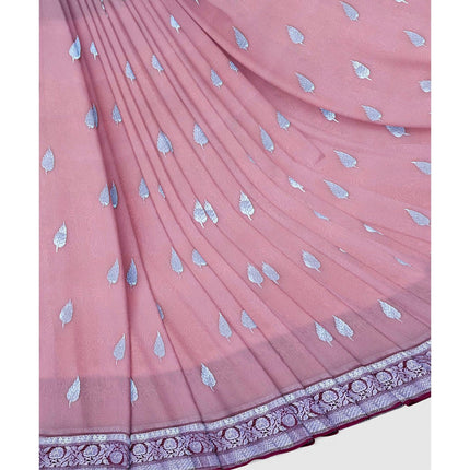 Handloom Banarasi Organza Silk Saree: Peach, Magenta Zari Border