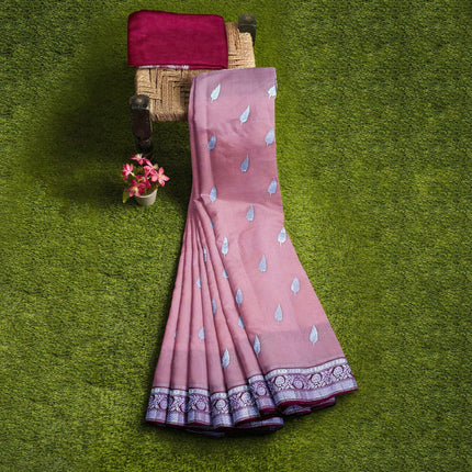 Handloom Banarasi Organza Silk Saree: Peach, Magenta Zari Border