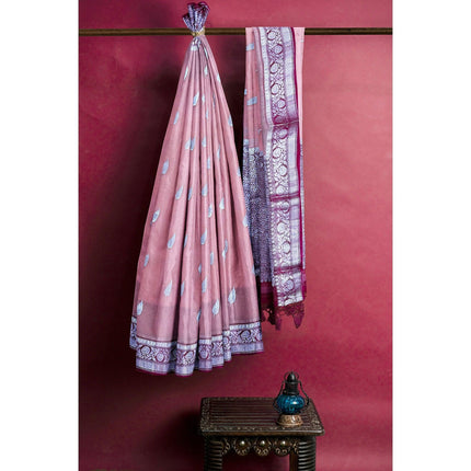 Handloom Banarasi Organza Silk Saree: Peach, Magenta Zari Border
