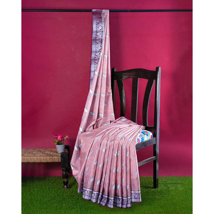 Handloom Banarasi Organza Silk Saree: Peach, Magenta Zari Border