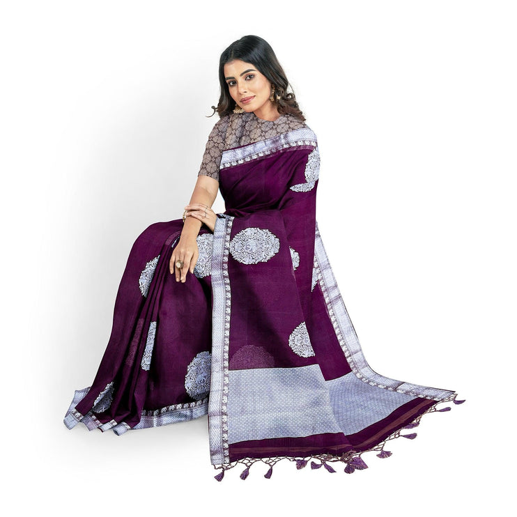 Banarasi Kora Organza Silk Saree, Deep Wine Resham Border, Handloom