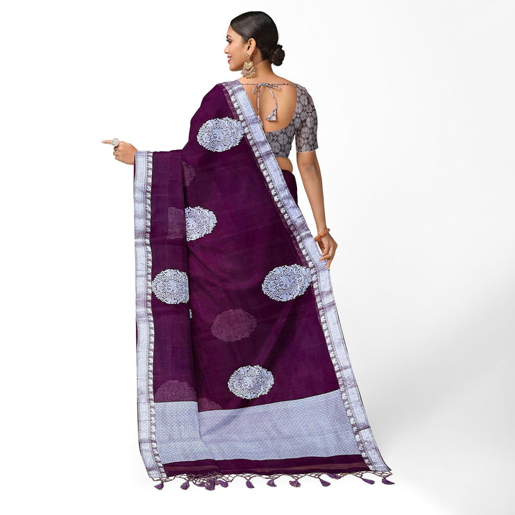Banarasi Kora Organza Silk Saree, Deep Wine Resham Border, Handloom