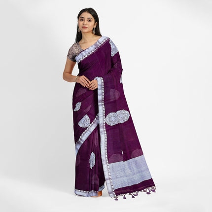 Banarasi Kora Organza Silk Saree, Deep Wine Resham Border, Handloom