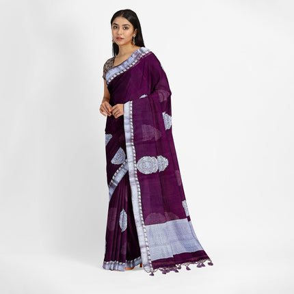 Banarasi Kora Organza Silk Saree, Deep Wine Resham Border, Handloom