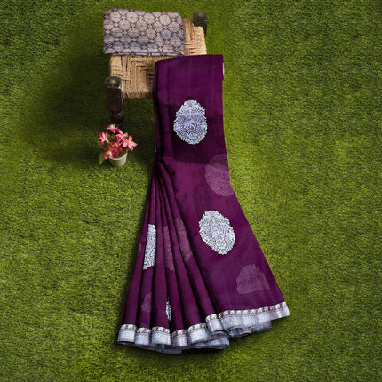 Banarasi Kora Organza Silk Saree, Deep Wine Resham Border, Handloom