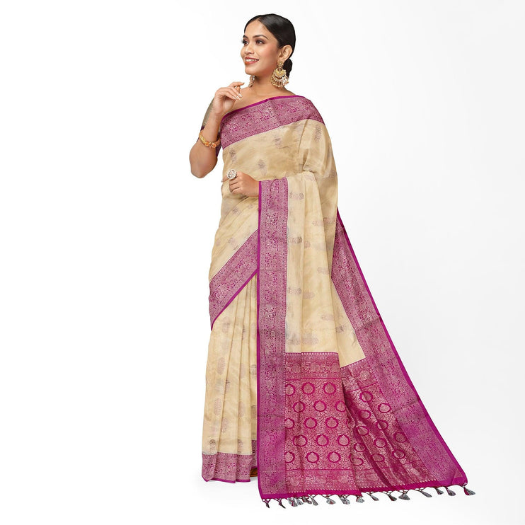 Beige Dark pink Katan Banarasi Handloom Pure Silk