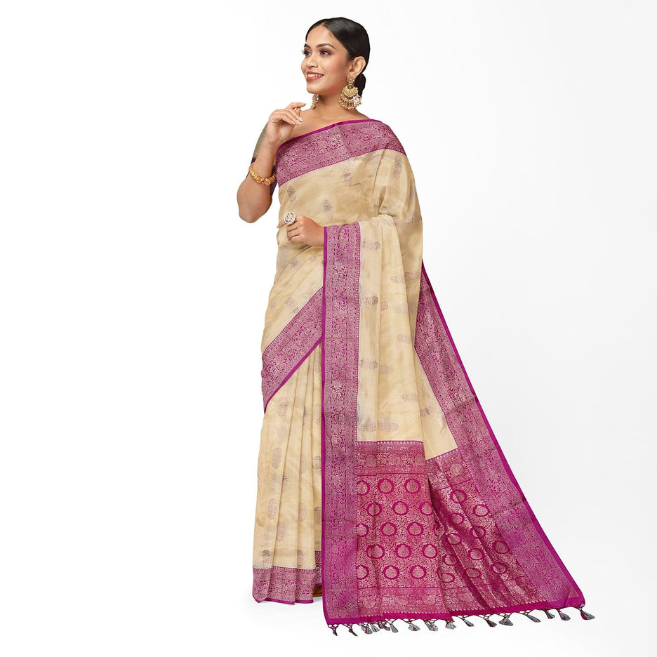 Beige Dark pink Katan Banarasi Handloom Pure Silk