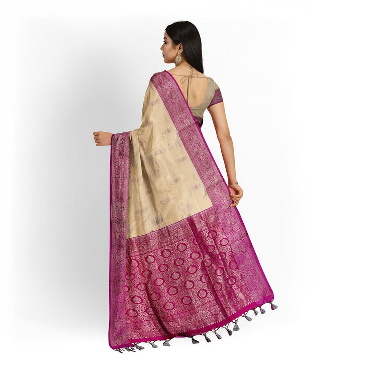 Beige Dark pink Katan Banarasi Handloom Pure Silk