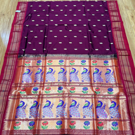 Handwoven Maharani Paithani Saree | Maroon Silk with Zari