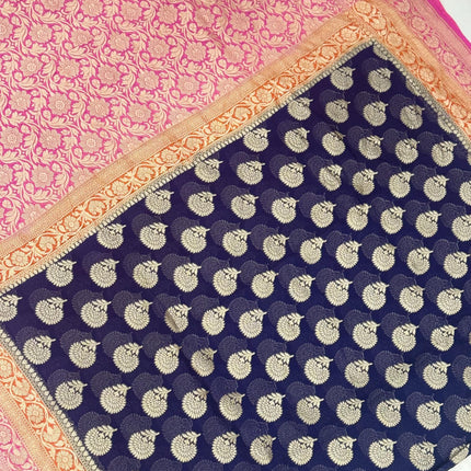 Banarasi Khaddi Georgette 3-D pattern Deep Bant Blue with Pink & orange border Saree with beautiful Zari Buttas