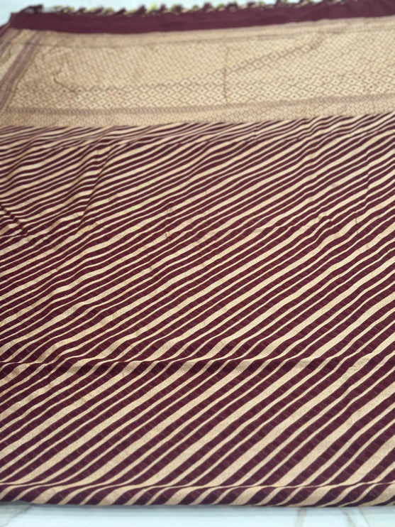Banarasi Khaddi Georgette Lehriya pattern Chocolate with Gold Zari Saree with beautiful Zari stripes