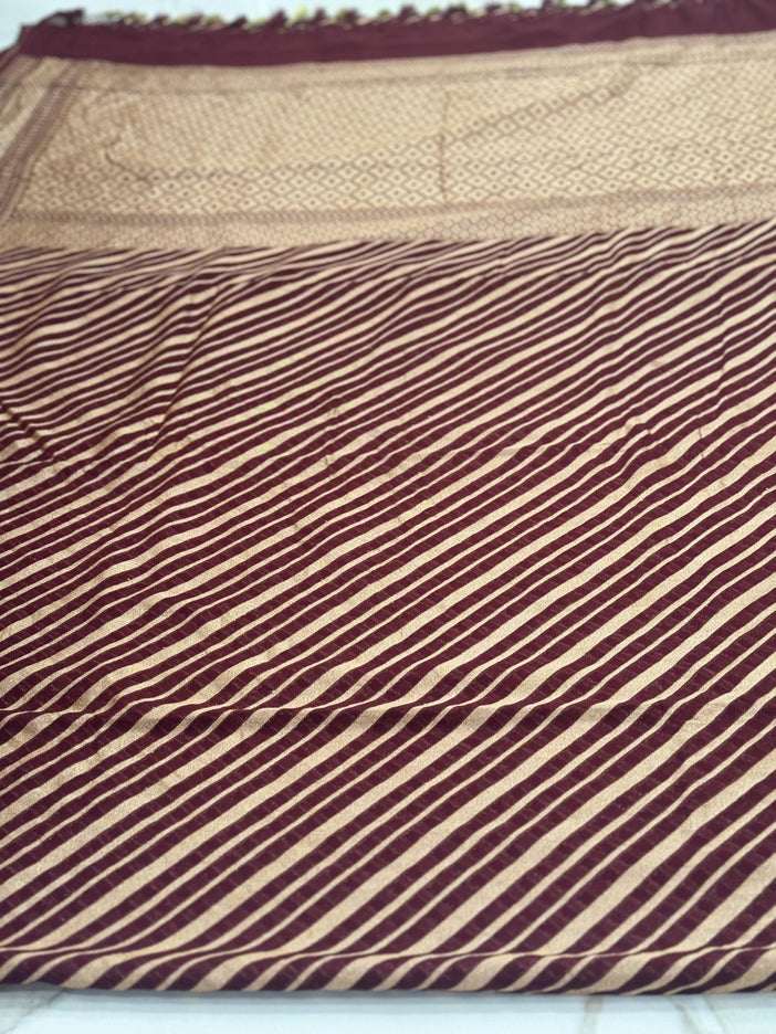 Banarasi Khaddi Georgette Lehriya pattern Chocolate with Gold Zari Saree with beautiful Zari stripes