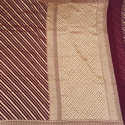 Banarasi Khaddi Georgette Lehriya pattern Chocolate with Gold Zari Saree with beautiful Zari stripes