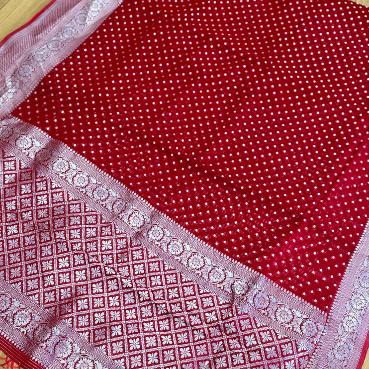 Banarasi Khaddi Georgette Red color/silver Zari border & Pallu/Saree with beautiful Zari Buttas