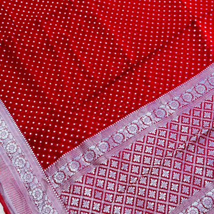 Banarasi Khaddi Georgette Red color/silver Zari border & Pallu/Saree with beautiful Zari Buttas