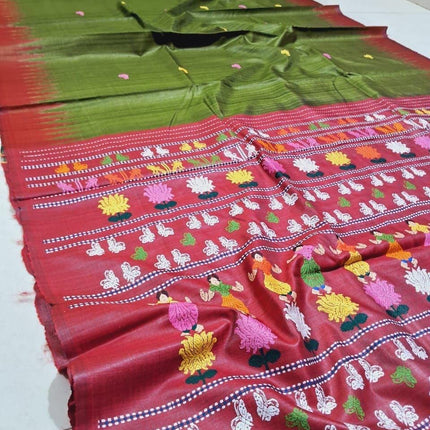 Authentic traditional Dolabedi saree in Mehendi green/Maroon Border|Silk Mark Certified