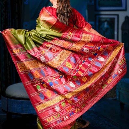 Authentic traditional Dolabedi saree in Mehendi green/Maroon Border|Silk Mark Certified