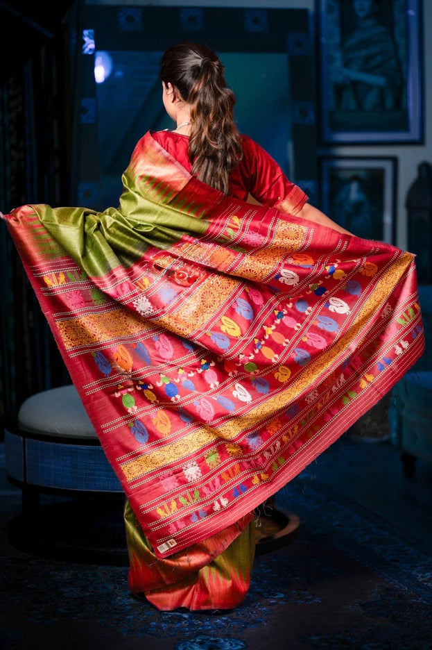 Authentic traditional Dolabedi saree in Mehendi green/Maroon Border|Silk Mark Certified