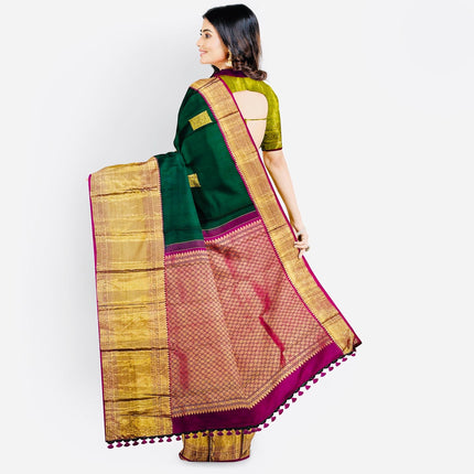 Green color Pure Silk Kanjivaram Saree With Motifs Pattern | SILK MARK CERTIFIED